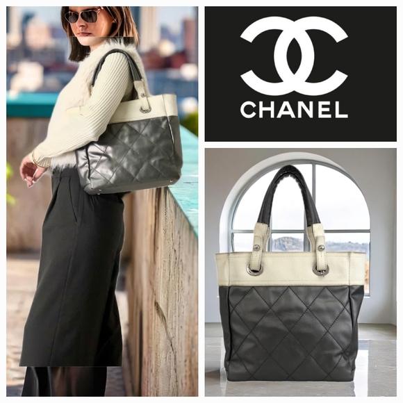 Authentic ✨️ CHANEL Leather Biarritz Paris Tote Bag Metallic Gray - Picture 1 of 16
